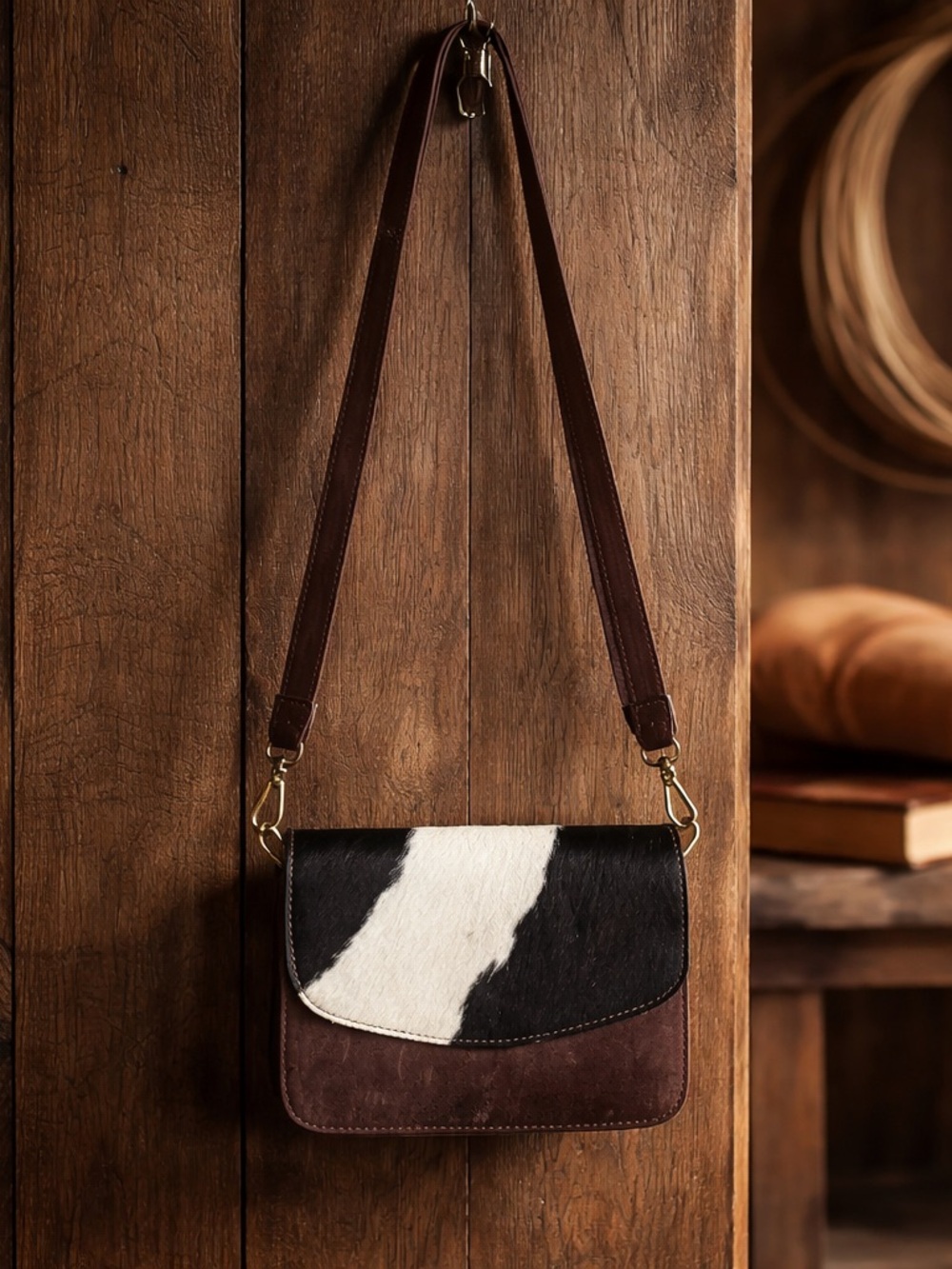 Western Cowhide Leather Crossbody Bag Hide  Flap Bag Western Boho Small Handbag